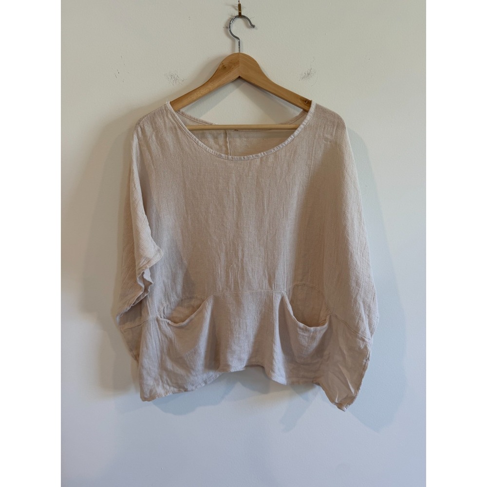 Womens Loose Lagenlook Boho Minimalist Top Shirt Large L Beige Pockets